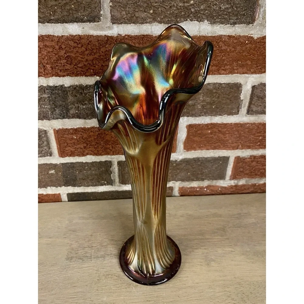 Fenton Carnival Glass Diamond And Rib‎ Pattern Vase Vintage 11.5